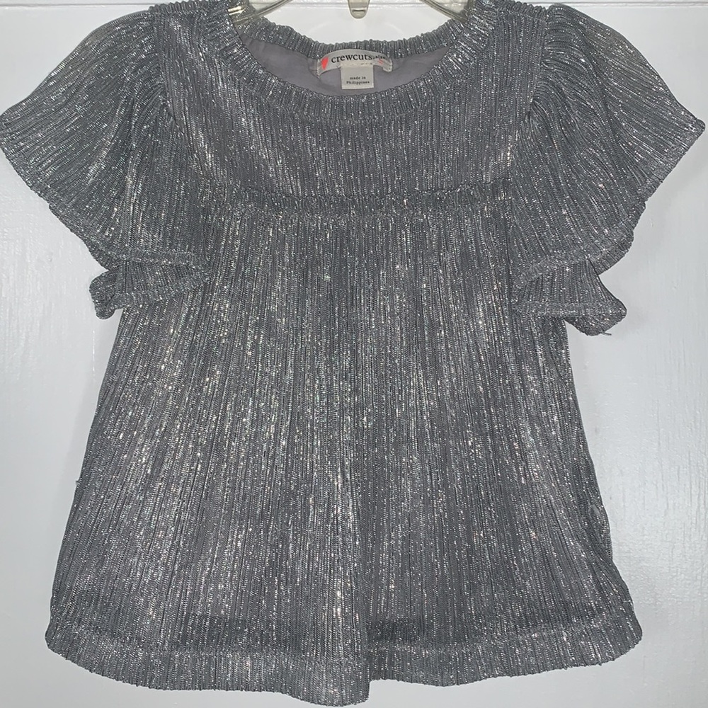 Crewcuts 2 Shimmery Silver Top EUC Flutter Sleeves - Picture 2 of 8